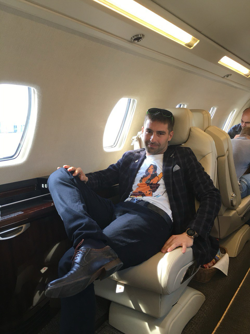 Feodor on a business flight during the startup years.